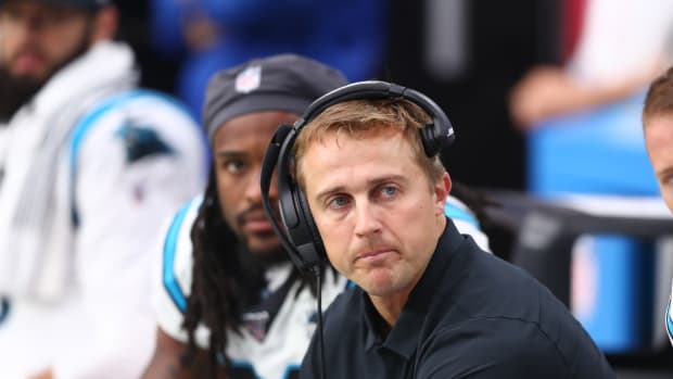 Sep 22, 2019; Glendale, AZ, USA; Carolina Panthers running backs coach Jake Peetz against the Arizona Cardinals at State Farm Stadium. Mandatory Credit: Mark J. Rebilas-USA TODAY Sports